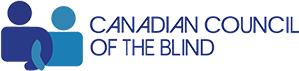 The Canadian Council of the Blind logo: On the left, two stylized figures in two shades of blue represent two people holding each other by one arm. On the right, blue text reads 'Canadian Council Of The Blind’.